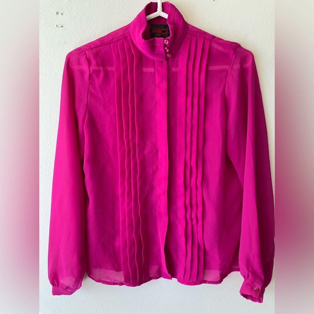 Vintage '80s California Spice Fuchsia Pink High Neck Secretary Blouse Pleats M